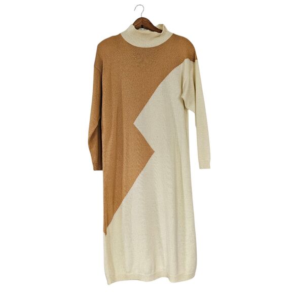 Vtg 70s Savion Sweater Dress Womens 12/L Beige Colorblock Geometric Retro Midi - Picture 1 of 10